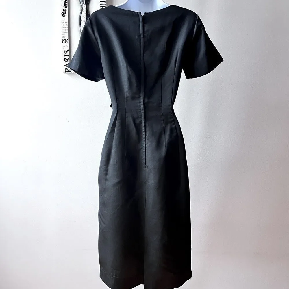 1960s Vintage Petty Hite Black Cocktail Midi Short Sleeve Appliqué Dress - Picture 6 of 13